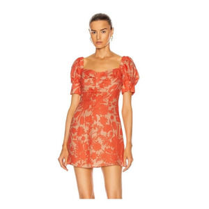 Alexis Pilou Linen Puff Sleeve Mini Dress Sand Coral Botanical Floral Size S